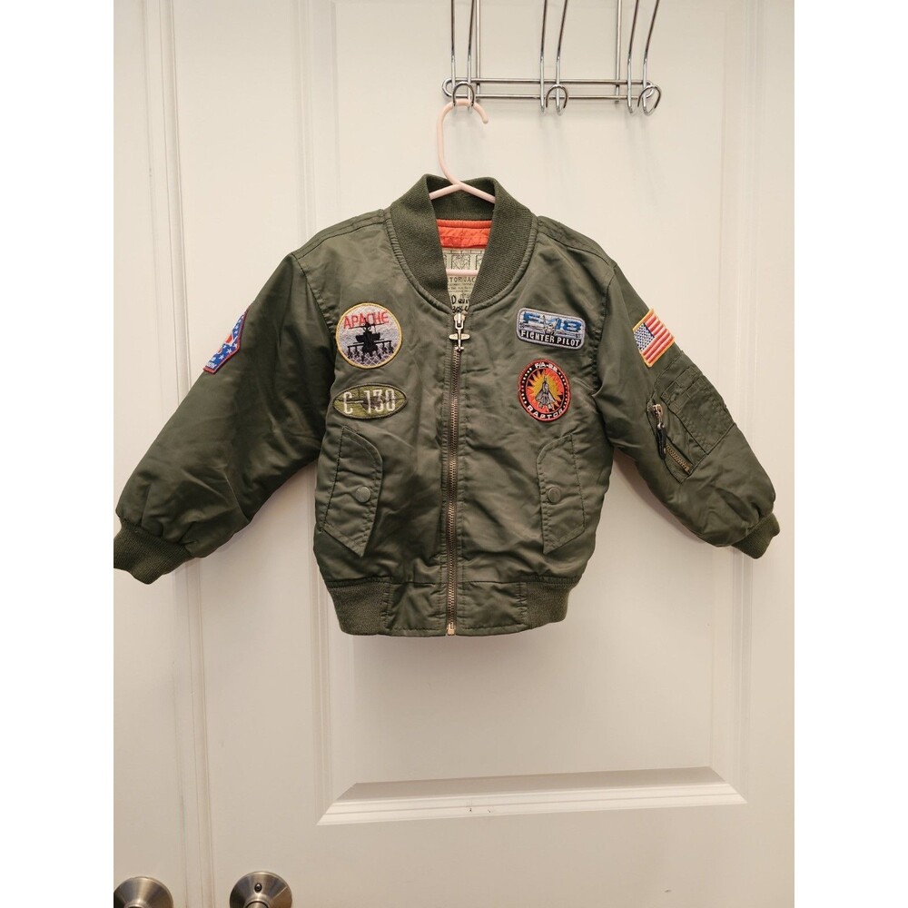 Vintage Kids Aviator Bomber Jacket Size 2/4 Olive Green Military Patches Flight